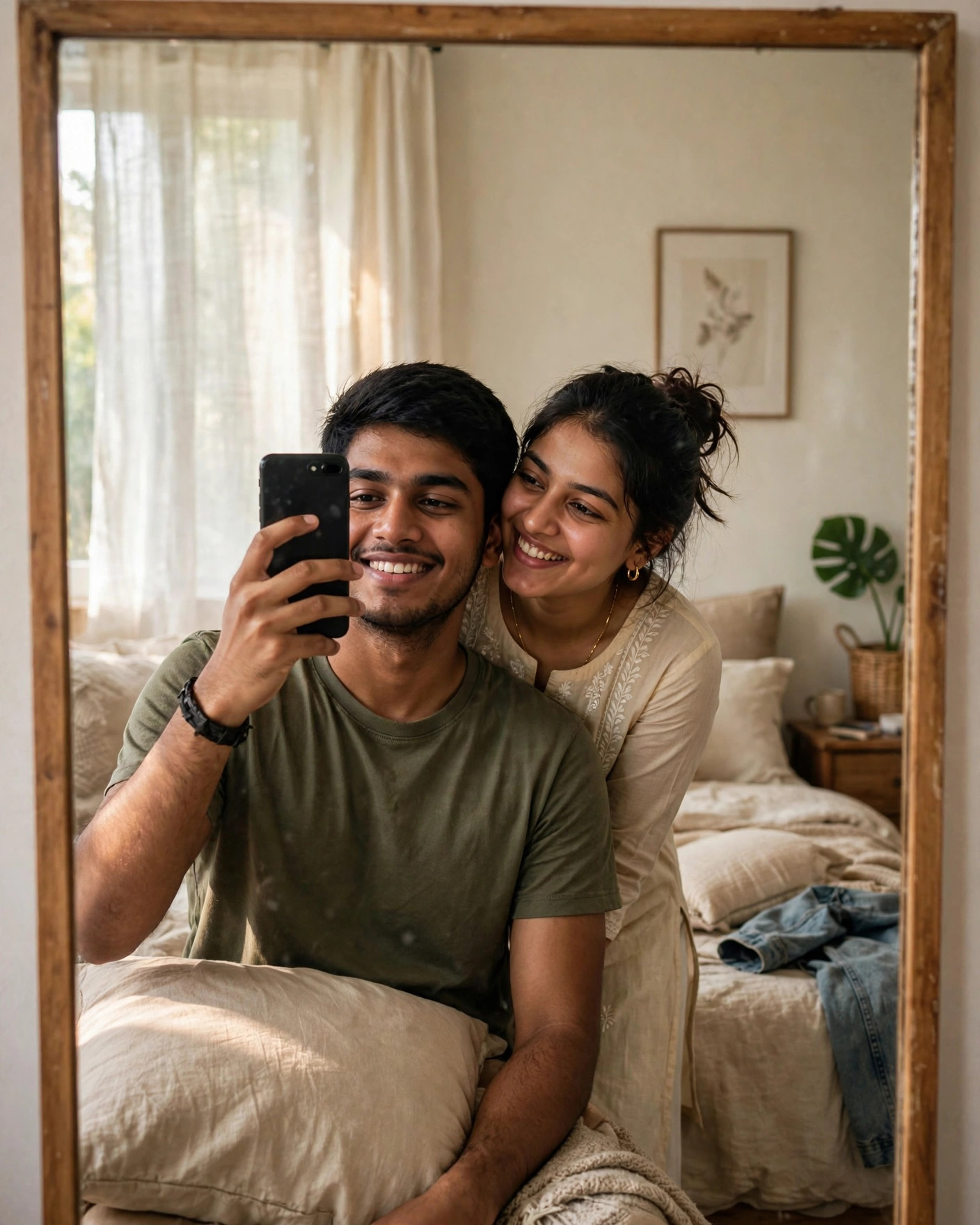 AI couple selfie shoulder-peek example output