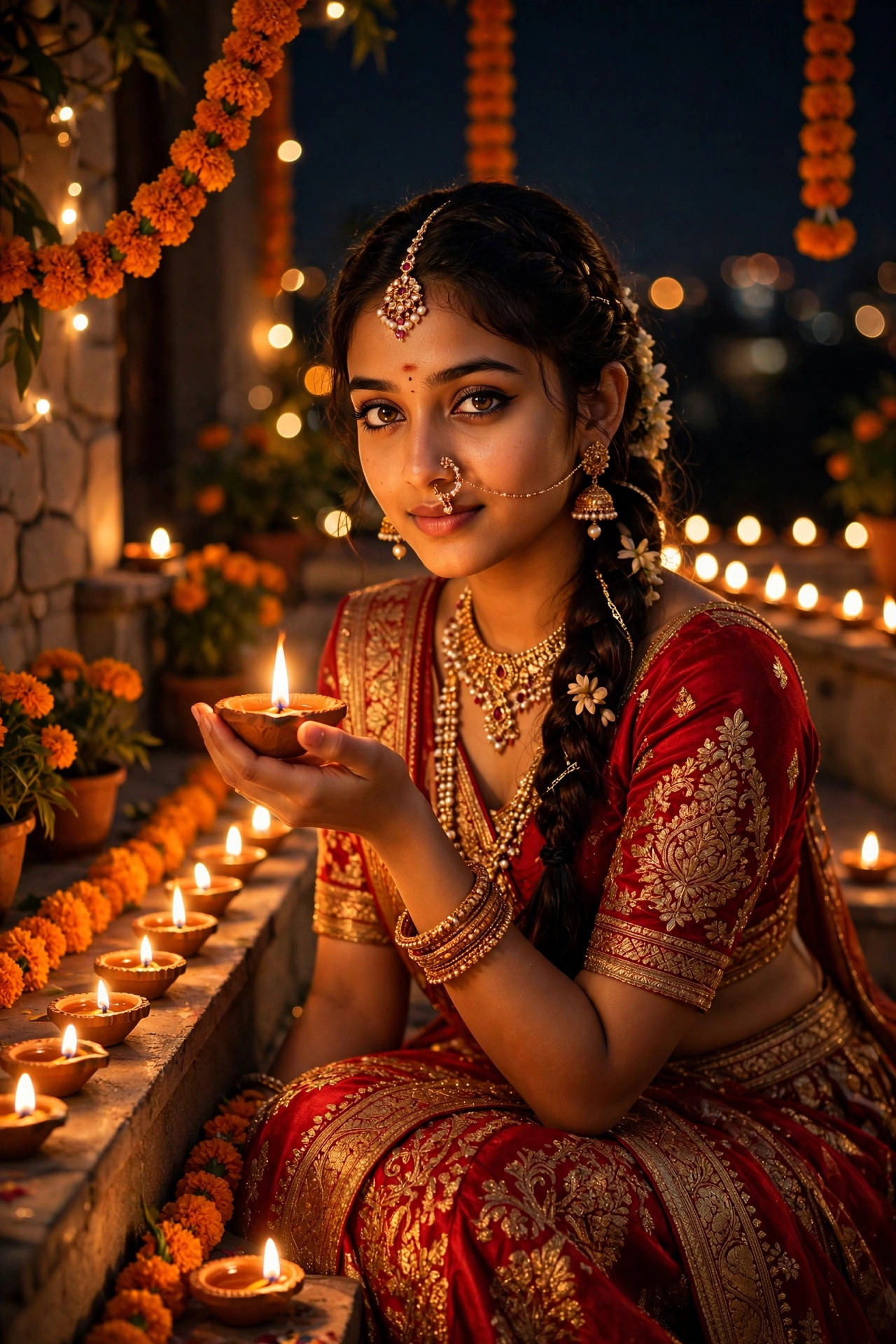 Diwali AI photo example for girls — young woman in festive lehenga with diyas